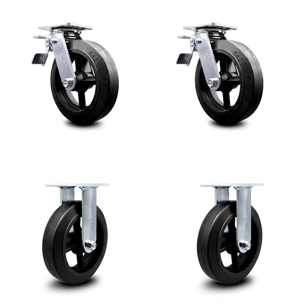 8 Inch Rubber on Steel Caster Set with Ball Bearings 2 Brakes 2 Rigid SCC